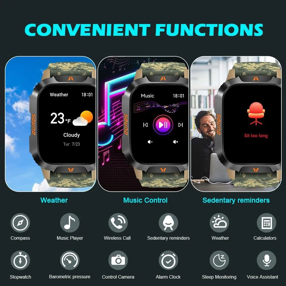 QTLLBT Military Outdoor Watch Altimeter Barometer Compass Tactical Smart Fitness Watch Heart Rate Sleep Monitor 100  Sport Modes Fitness Available for Android and iOS (Camouflage Yellow)