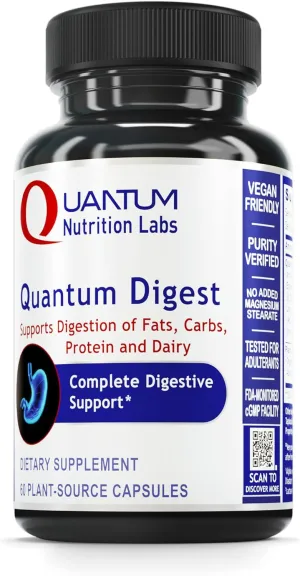 Quantum Nutrition Labs Quantum Digest - Digestive Health Enzymes for Women and Men, Digestion Support for Gut Health, Fully Active Vegan Enzyme Pills - 60 Vegetarian Capsules