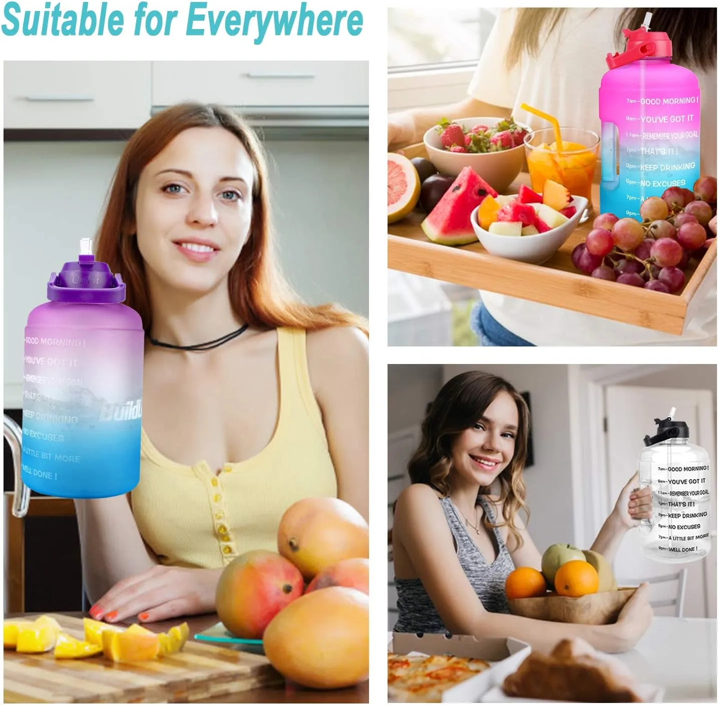 QuiFit 1 Gallon Water Bottle - with Straw & Motivational Time Marker Leak-Proof BPA Free Reusable Gym Sports Outdoor Large(128OZ/73OZ) Capacity Water Jug