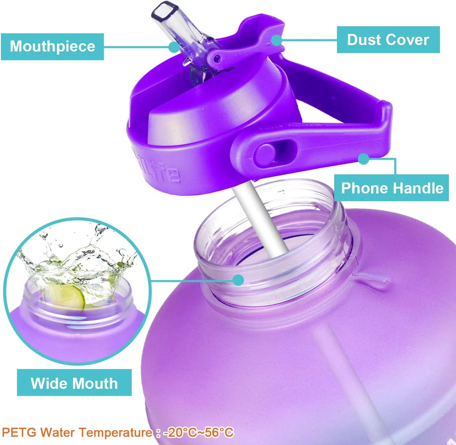 QuiFit 1 Gallon Water Bottle - with Straw & Motivational Time Marker Leak-Proof BPA Free Reusable Gym Sports Outdoor Large(128OZ/73OZ) Capacity Water Jug