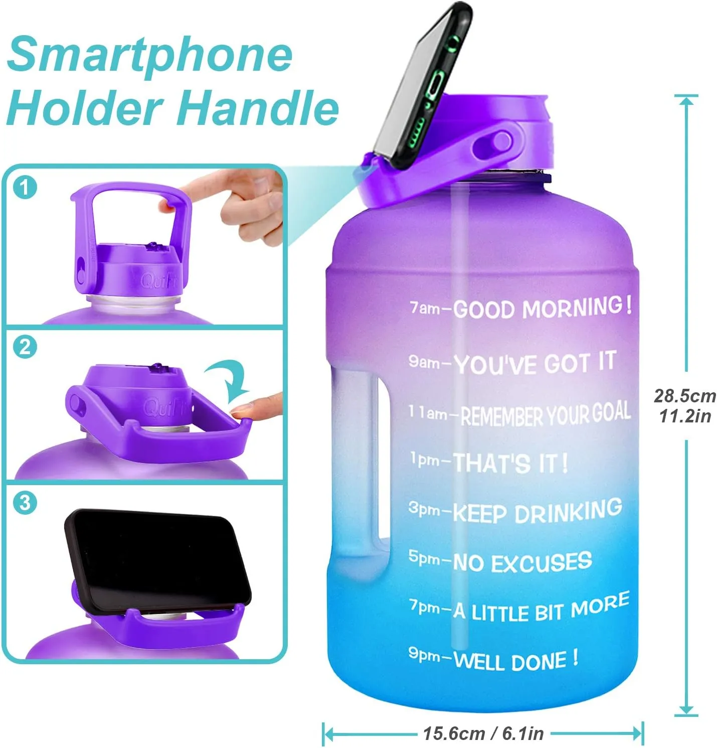 QuiFit 1 Gallon Water Bottle - with Straw & Motivational Time Marker Leak-Proof BPA Free Reusable Gym Sports Outdoor Large(128OZ/73OZ) Capacity Water Jug