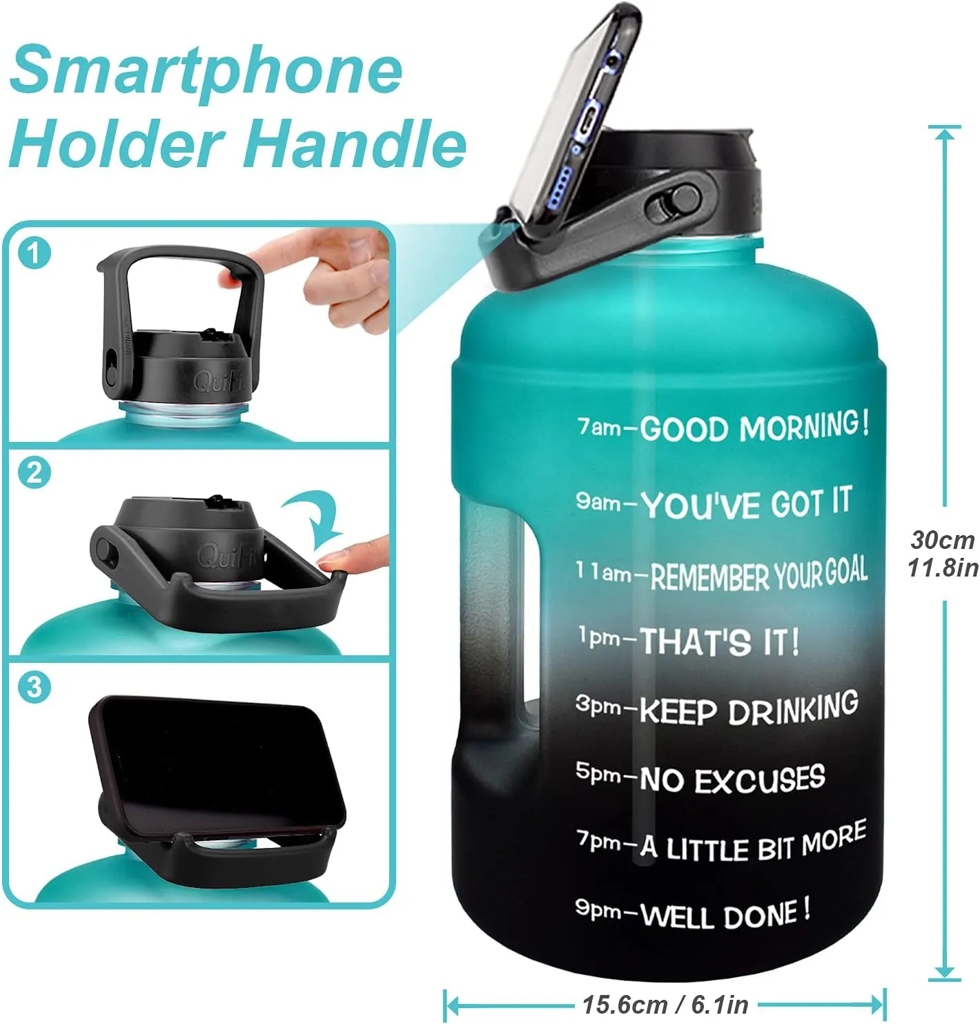QuiFit 1 Gallon Water Bottle - with Straw & Motivational Time Marker Leak-Proof BPA Free Reusable Gym Sports Outdoor Large(128OZ/73OZ) Capacity Water Jug
