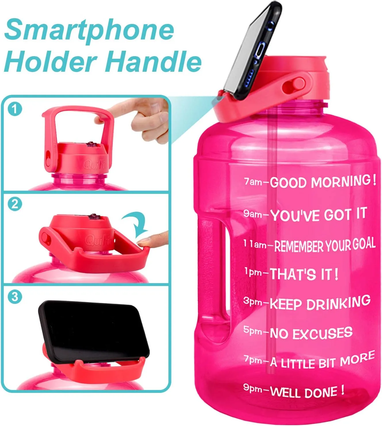 QuiFit 1 Gallon Water Bottle - with Straw & Motivational Time Marker Leak-Proof BPA Free Reusable Gym Sports Outdoor Large(128OZ/73OZ) Capacity Water Jug