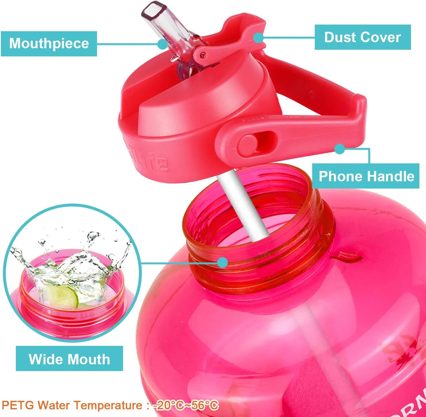 QuiFit 1 Gallon Water Bottle - with Straw & Motivational Time Marker Leak-Proof BPA Free Reusable Gym Sports Outdoor Large(128OZ/73OZ) Capacity Water Jug