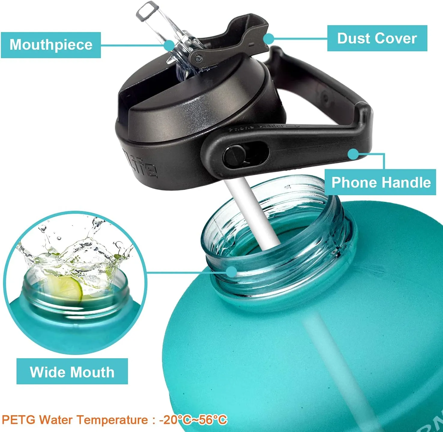 QuiFit 1 Gallon Water Bottle - with Straw & Motivational Time Marker Leak-Proof BPA Free Reusable Gym Sports Outdoor Large(128OZ/73OZ) Capacity Water Jug