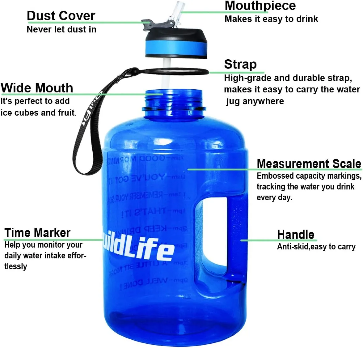 QuiFit Motivational Gallon Water Bottle - with Straw & Time Marker BPA Free Large Reusable Sport Water Jug with Handle for Fitness Outdoor Enthusiasts Leak-Proof
