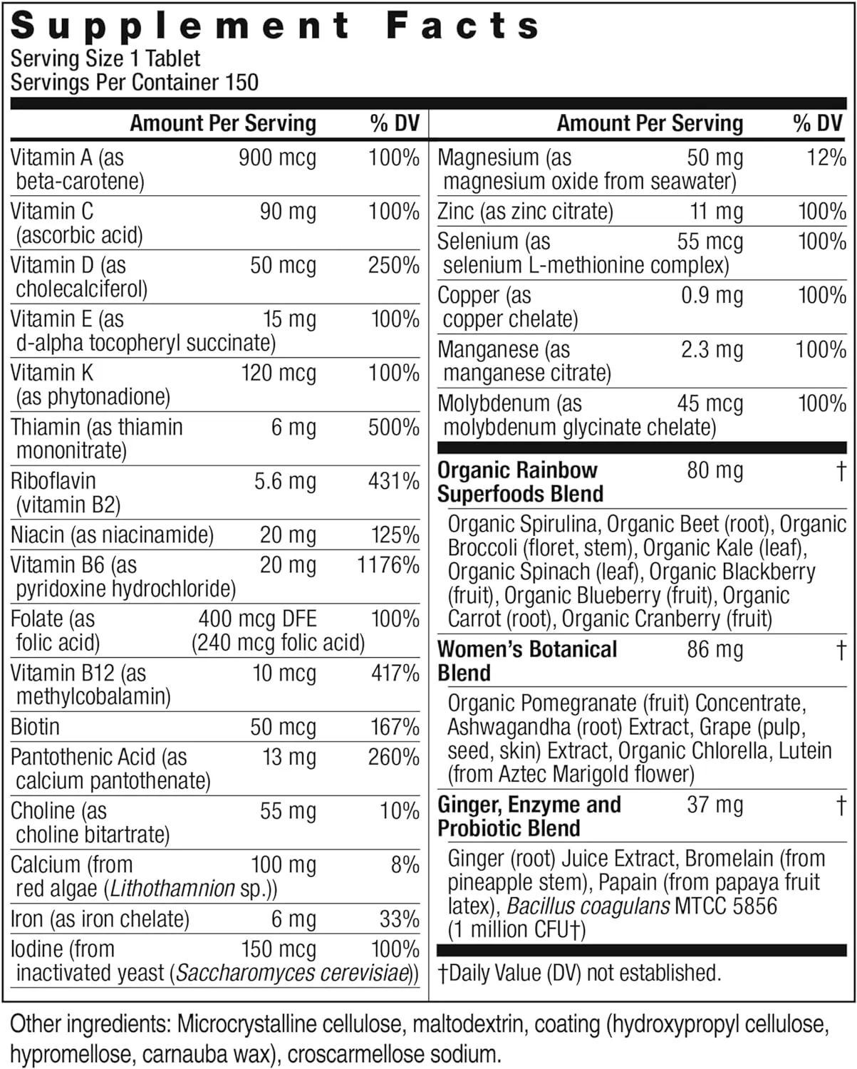 Rainbow Light Womens One High-Potency Daily Multivitamin, Womens Multivitamin Provides High-Potency Immune Support, With Vitamin C, Biotin and Ashwagandha, Vegetarian, 150 Count