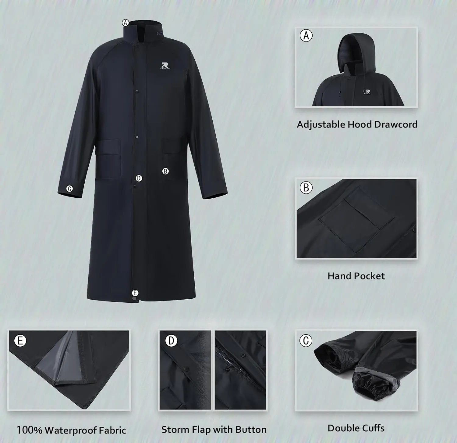 Raincoat for Men Waterproof Long Rain Jacket with Stowable Hood Lightweight Rain Gear Poncho for Unisex
