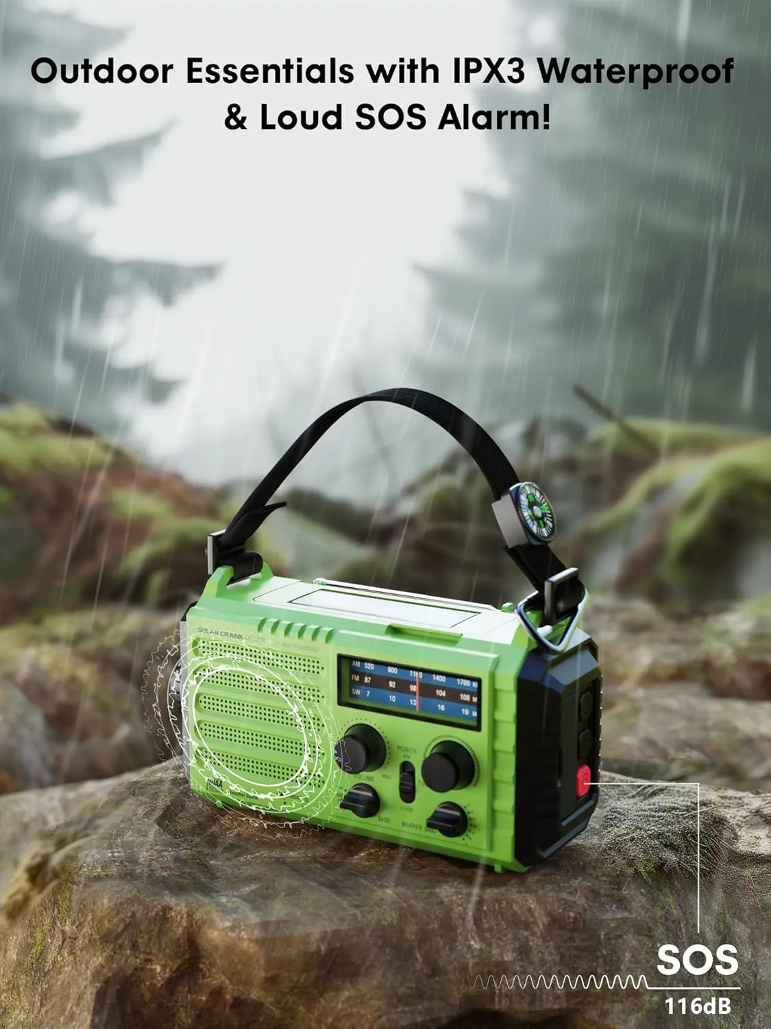 Raynic Weather Radio, 5000mAh/18500mWh Solar Hand Crank Emergency Radio, Battery Powered AM/FM/SW/NOAA Weather Alert Radio with Flashlight, Cell Phone Charger and SOS Siren for Power Outages (Green)
