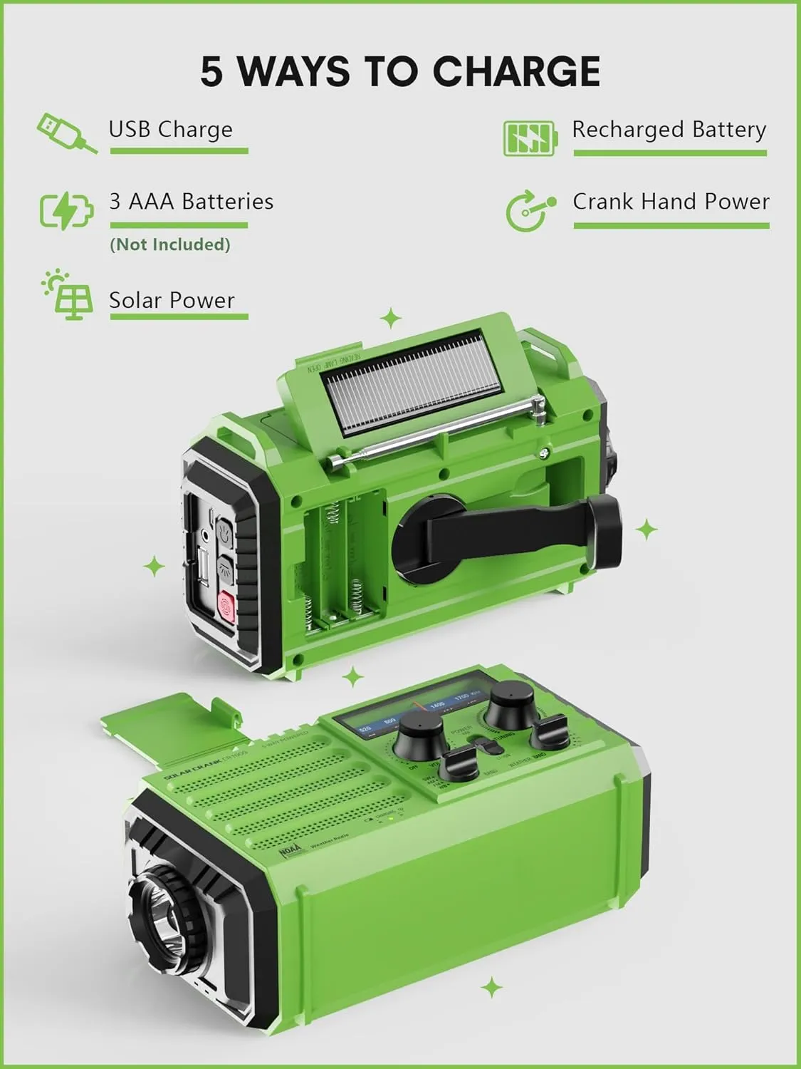 Raynic Weather Radio, 5000mAh/18500mWh Solar Hand Crank Emergency Radio, Battery Powered AM/FM/SW/NOAA Weather Alert Radio with Flashlight, Cell Phone Charger and SOS Siren for Power Outages (Green)