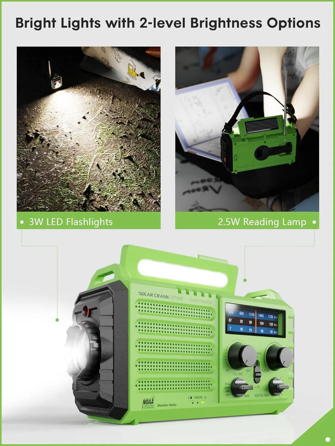 Raynic Weather Radio, 5000mAh/18500mWh Solar Hand Crank Emergency Radio, Battery Powered AM/FM/SW/NOAA Weather Alert Radio with Flashlight, Cell Phone Charger and SOS Siren for Power Outages (Green)