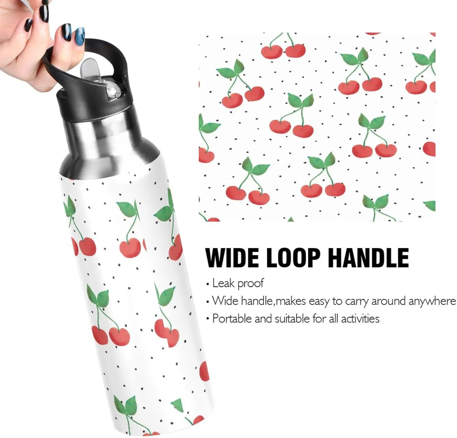 Red Cherries on Dotted Water Bottle with Straw Lid,Christmas BPA Free Leakproof Vacuum Insulated Stainless Steel, 20 Oz Hot Cold Thermal Flask Drinking Bottle for Coffee Christmas Party Decorat