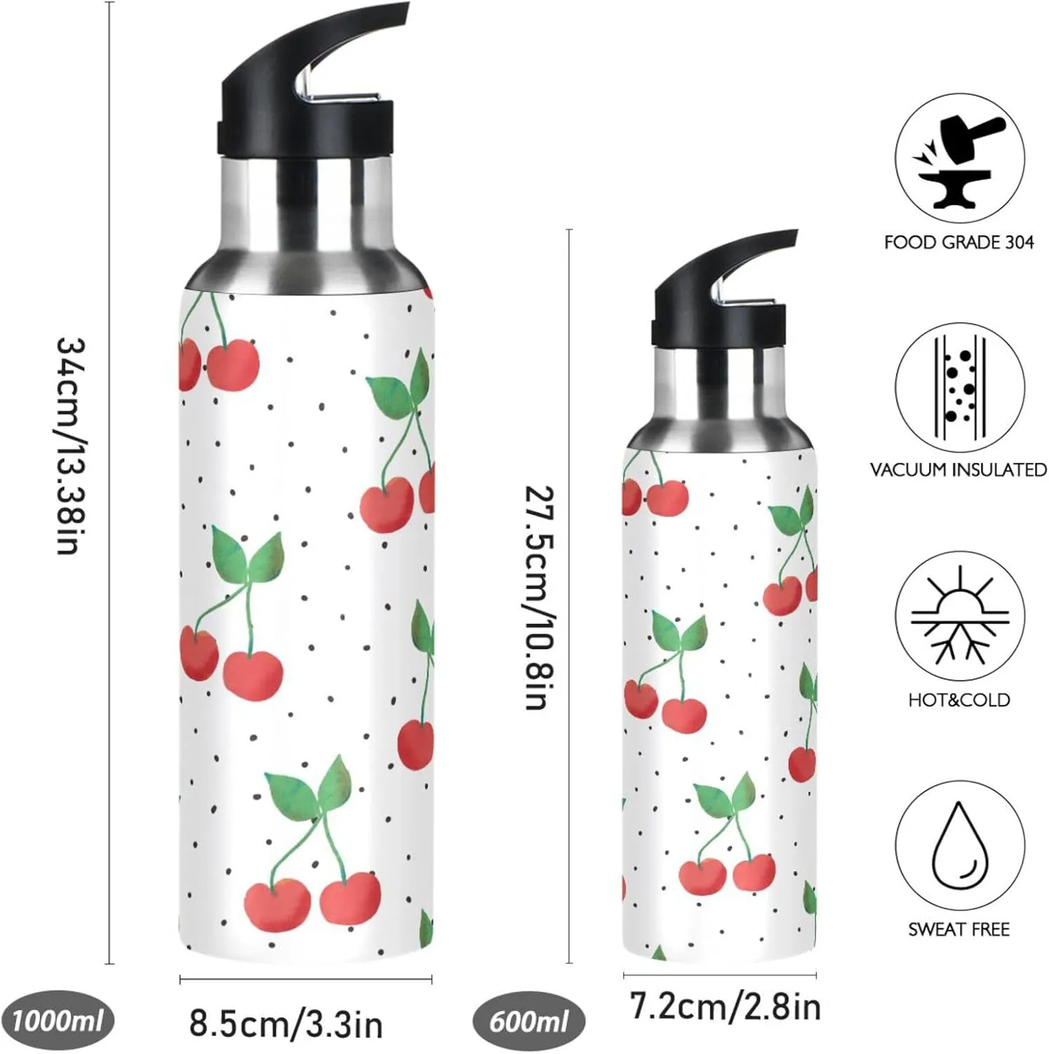 Red Cherries on Dotted Water Bottle with Straw Lid,Christmas BPA Free Leakproof Vacuum Insulated Stainless Steel, 20 Oz Hot Cold Thermal Flask Drinking Bottle for Coffee Christmas Party Decorat