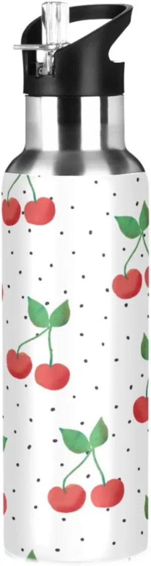 Red Cherries on Dotted Water Bottle with Straw Lid,Christmas BPA Free Leakproof Vacuum Insulated Stainless Steel, 20 Oz Hot Cold Thermal Flask Drinking Bottle for Coffee Christmas Party Decorat