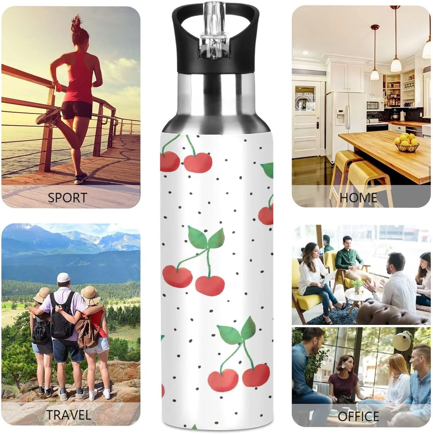Red Cherries on Dotted Water Bottle with Straw Lid,Christmas BPA Free Leakproof Vacuum Insulated Stainless Steel, 20 Oz Hot Cold Thermal Flask Drinking Bottle for Coffee Christmas Party Decorat