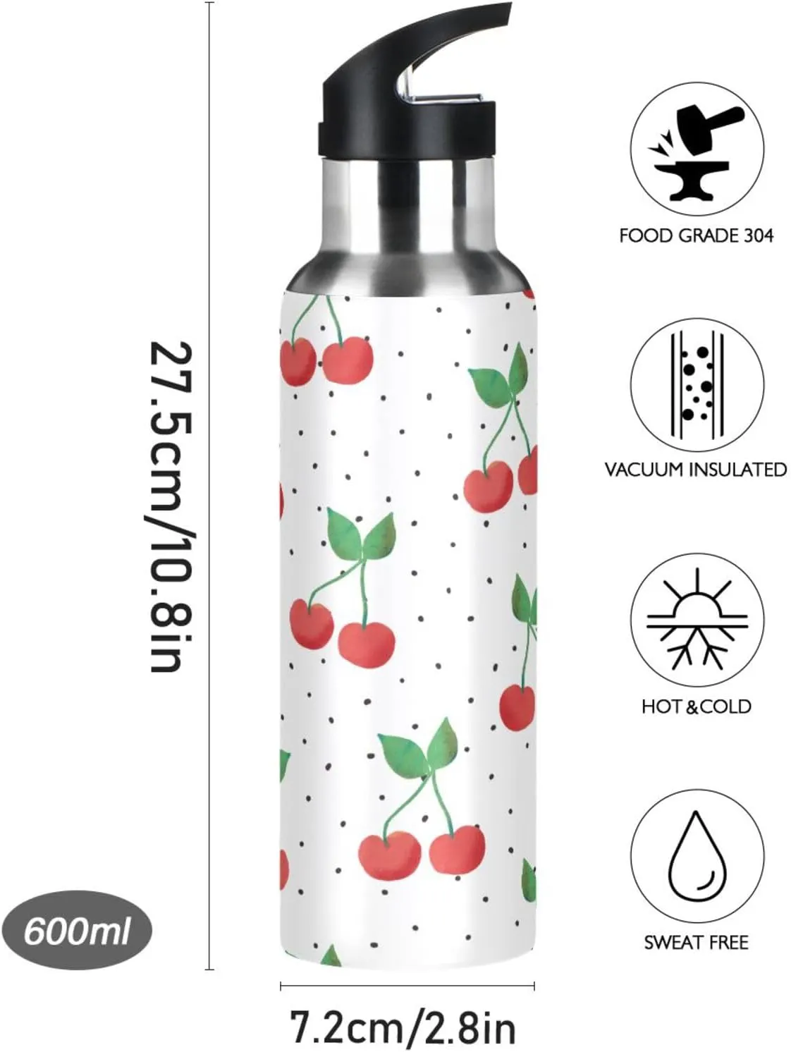 Red Cherries on Dotted Water Bottle with Straw Lid,Christmas BPA Free Leakproof Vacuum Insulated Stainless Steel, 20 Oz Hot Cold Thermal Flask Drinking Bottle for Coffee Christmas Party Decorat