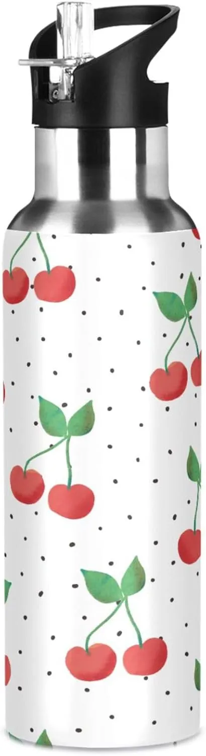 Red Cherries on Dotted Water Bottle with Straw Lid,Christmas BPA Free Leakproof Vacuum Insulated Stainless Steel, 20 Oz Hot Cold Thermal Flask Drinking Bottle for Coffee Christmas Party Decorat