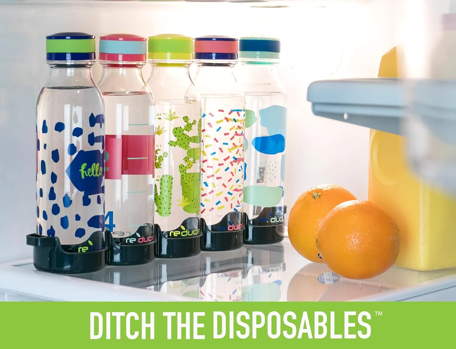 Reduce WaterWeek Reusable Water Bottle Set, 20oz – Plastic Reusable Water Bottle Set of 5, Plus Fridge Tray – BPA-Free, Leak Proof Twist Off Cap – Trek
