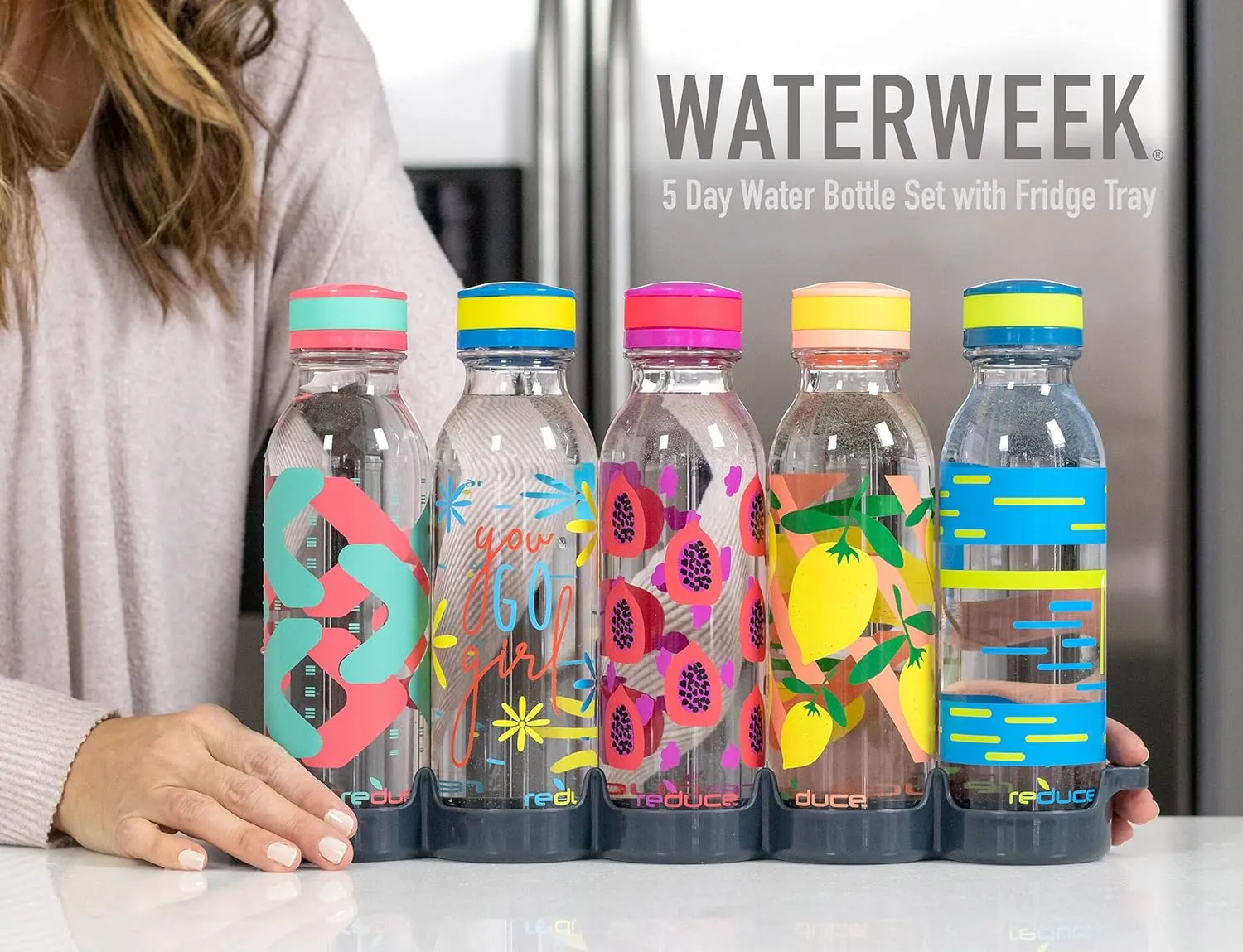 Reduce WaterWeek Reusable Water Bottle Set, 20oz – Plastic Reusable Water Bottle Set of 5, Plus Fridge Tray – BPA-Free, Leak Proof Twist Off Cap – Trek