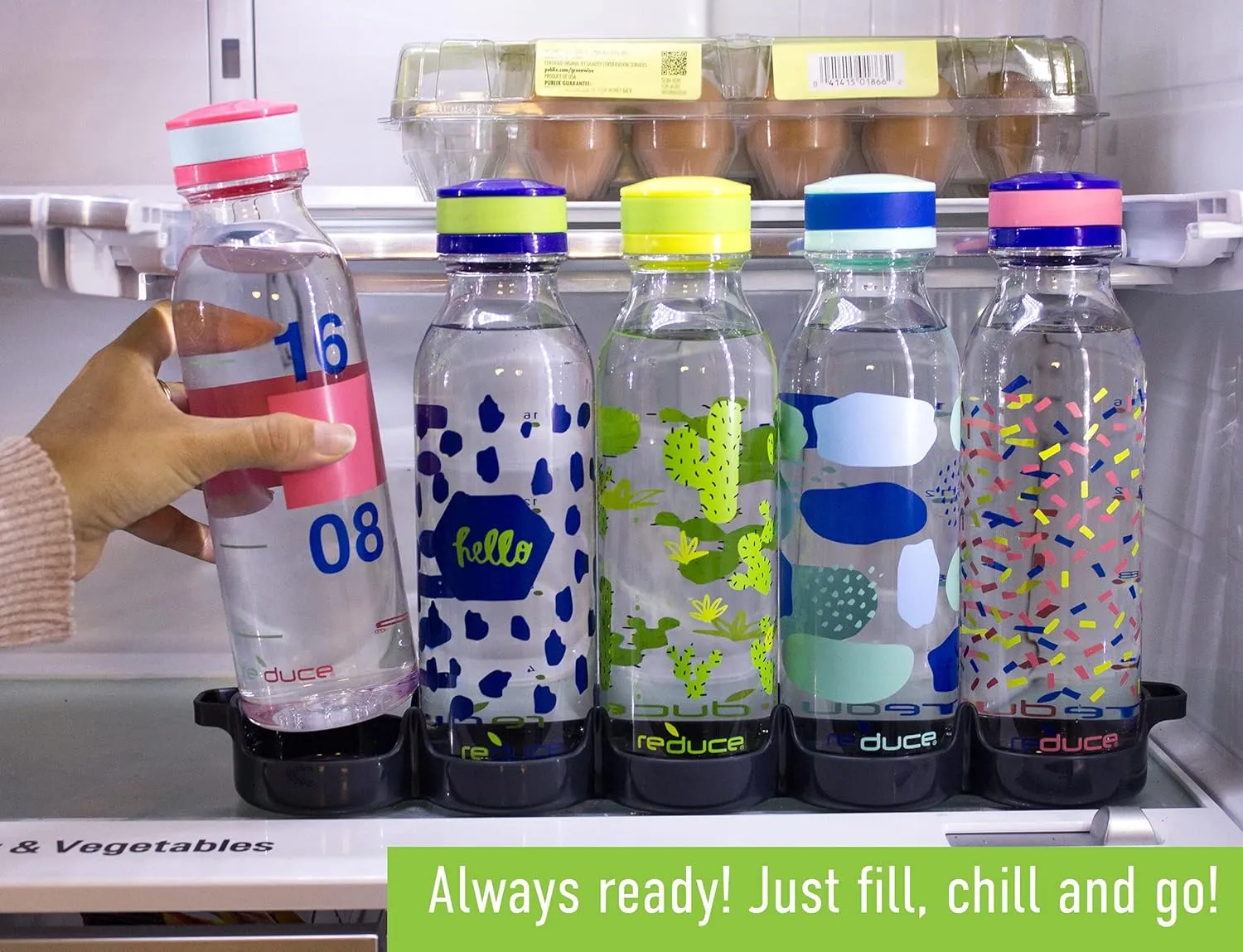 Reduce WaterWeek Reusable Water Bottle Set, 20oz – Plastic Reusable Water Bottle Set of 5, Plus Fridge Tray – BPA-Free, Leak Proof Twist Off Cap – Trek