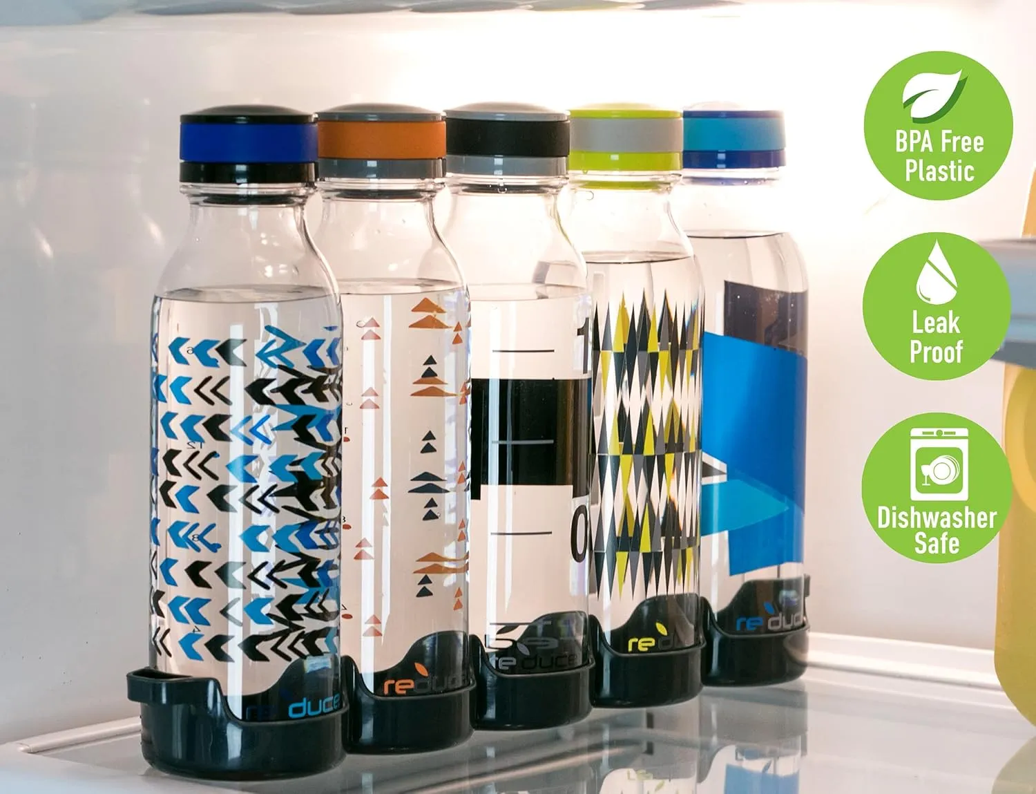 Reduce WaterWeek Reusable Water Bottle Set, 20oz – Plastic Reusable Water Bottle Set of 5, Plus Fridge Tray – BPA-Free, Leak Proof Twist Off Cap – Trek