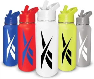 Reebok Stainless Steel Water Bottle With Straw Cap & Athletic Design - 32 oz - Double Wall Vacuum Insulated Sports Water Bottle With Straw, BPA Free (White with Black Vector)