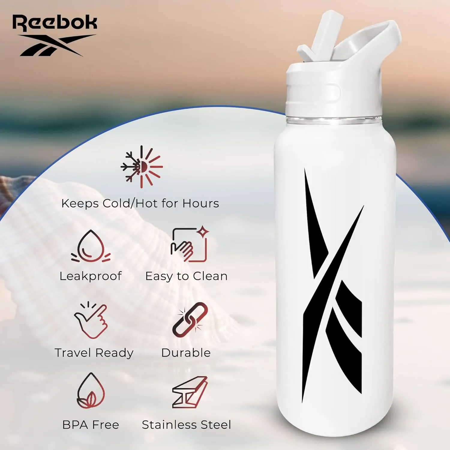 Reebok Stainless Steel Water Bottle With Straw Cap & Athletic Design - 32 oz - Double Wall Vacuum Insulated Sports Water Bottle With Straw, BPA Free (White with Black Vector)