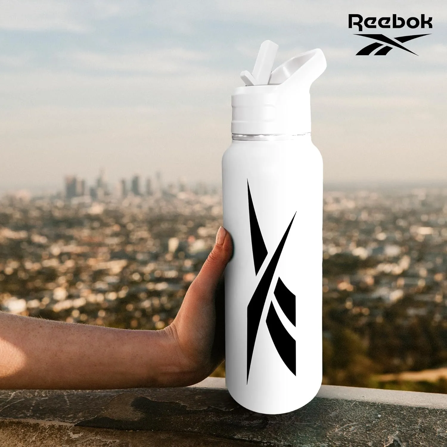 Reebok Stainless Steel Water Bottle With Straw Cap & Athletic Design - 32 oz - Double Wall Vacuum Insulated Sports Water Bottle With Straw, BPA Free (White with Black Vector)