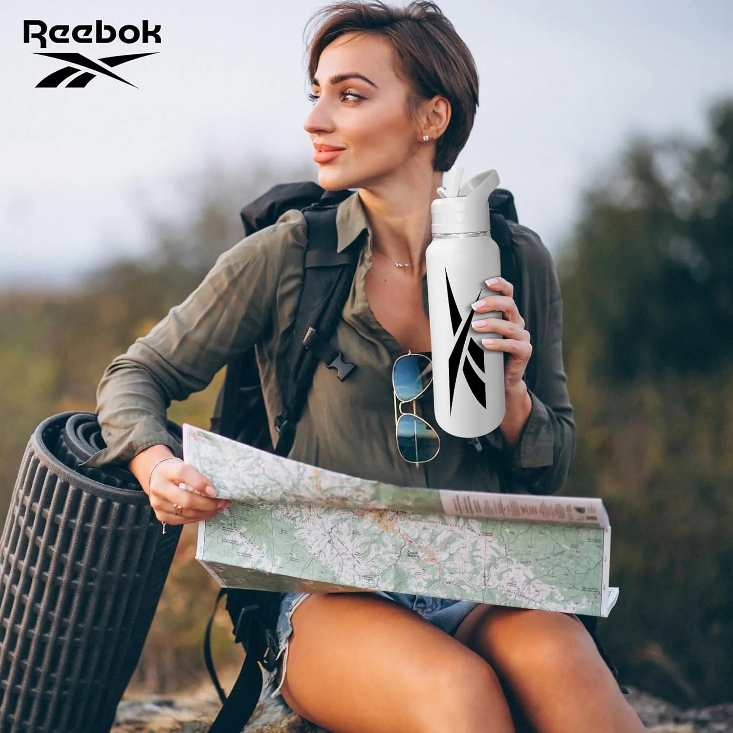 Reebok Stainless Steel Water Bottle With Straw Cap & Athletic Design - 32 oz - Double Wall Vacuum Insulated Sports Water Bottle With Straw, BPA Free (White with Black Vector)