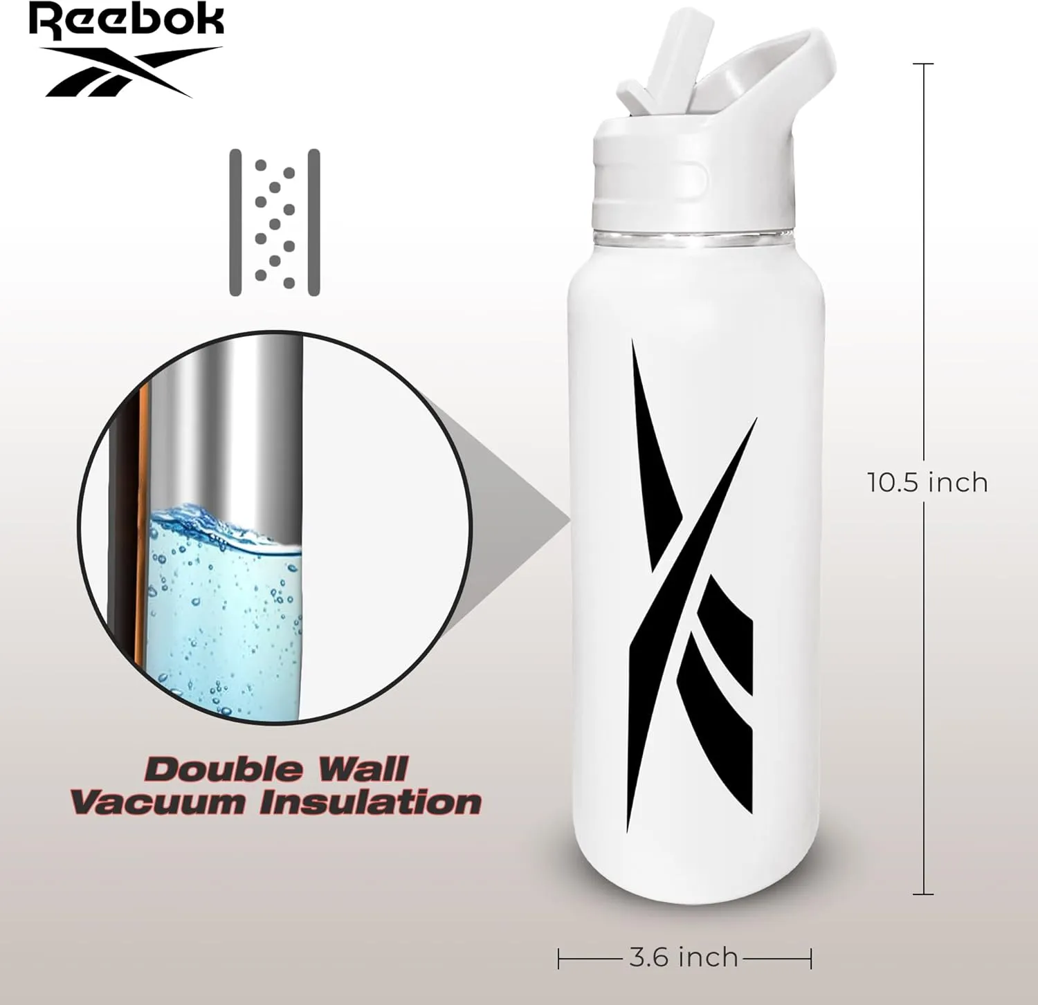 Reebok Stainless Steel Water Bottle With Straw Cap & Athletic Design - 32 oz - Double Wall Vacuum Insulated Sports Water Bottle With Straw, BPA Free (White with Black Vector)