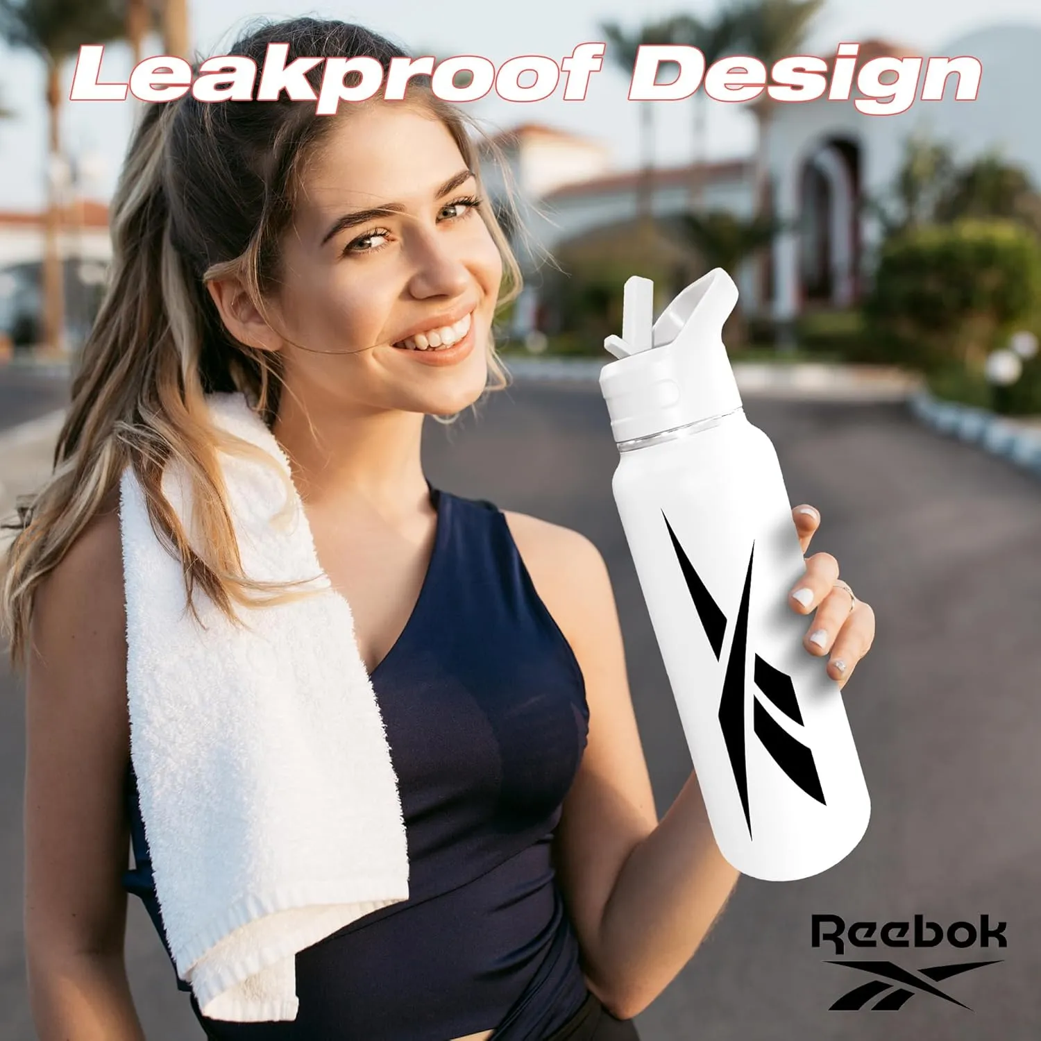 Reebok Stainless Steel Water Bottle With Straw Cap & Athletic Design - 32 oz - Double Wall Vacuum Insulated Sports Water Bottle With Straw, BPA Free (White with Black Vector)