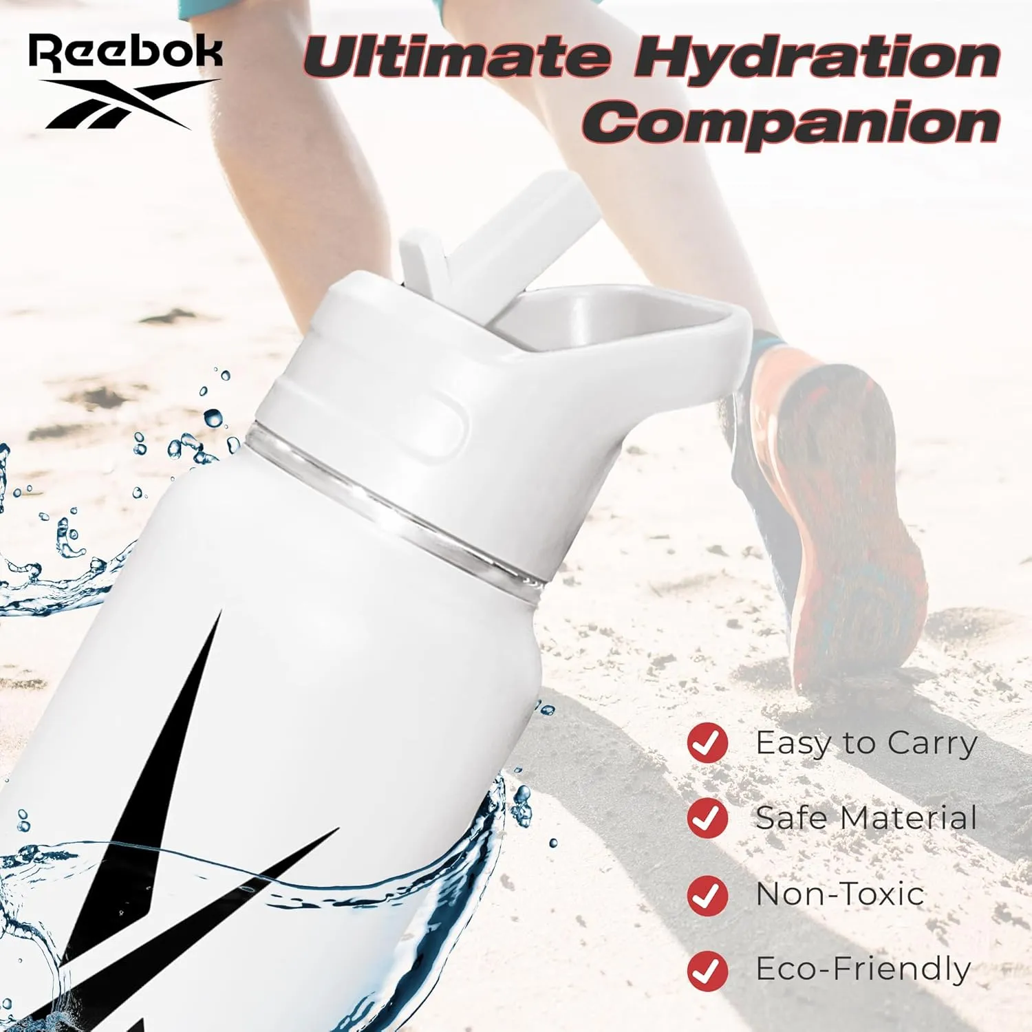 Reebok Stainless Steel Water Bottle With Straw Cap & Athletic Design - 32 oz - Double Wall Vacuum Insulated Sports Water Bottle With Straw, BPA Free (White with Black Vector)