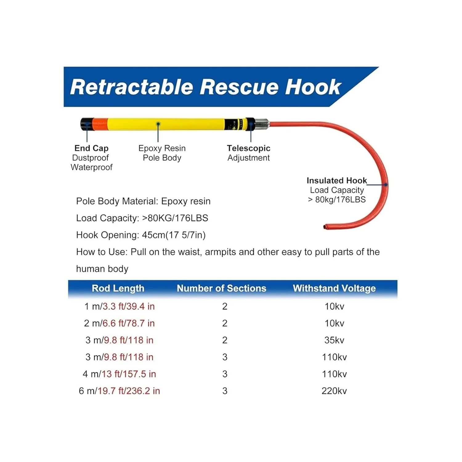 Rescue Hook, 3.3ft 6 Foot 9.8ft 13ft Electrical Safety Insulation Retractable Pull Rod/Pole for Firefighting Electrician, High-Voltage Anti Electric Shock Tool(300cm/9.8 ft - 2 Sections)