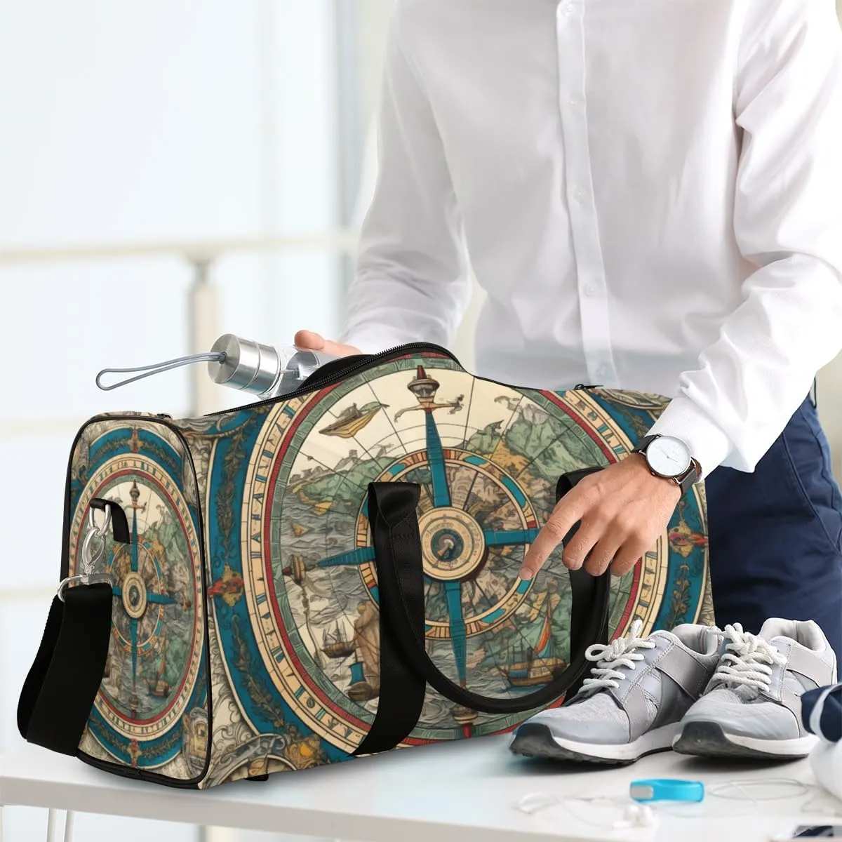 Retro Compass Travel Duffle Bag for Women Men Gym Duffel Foldable Bag Waterproof Weekender Direction Navigation Duffle Tote
