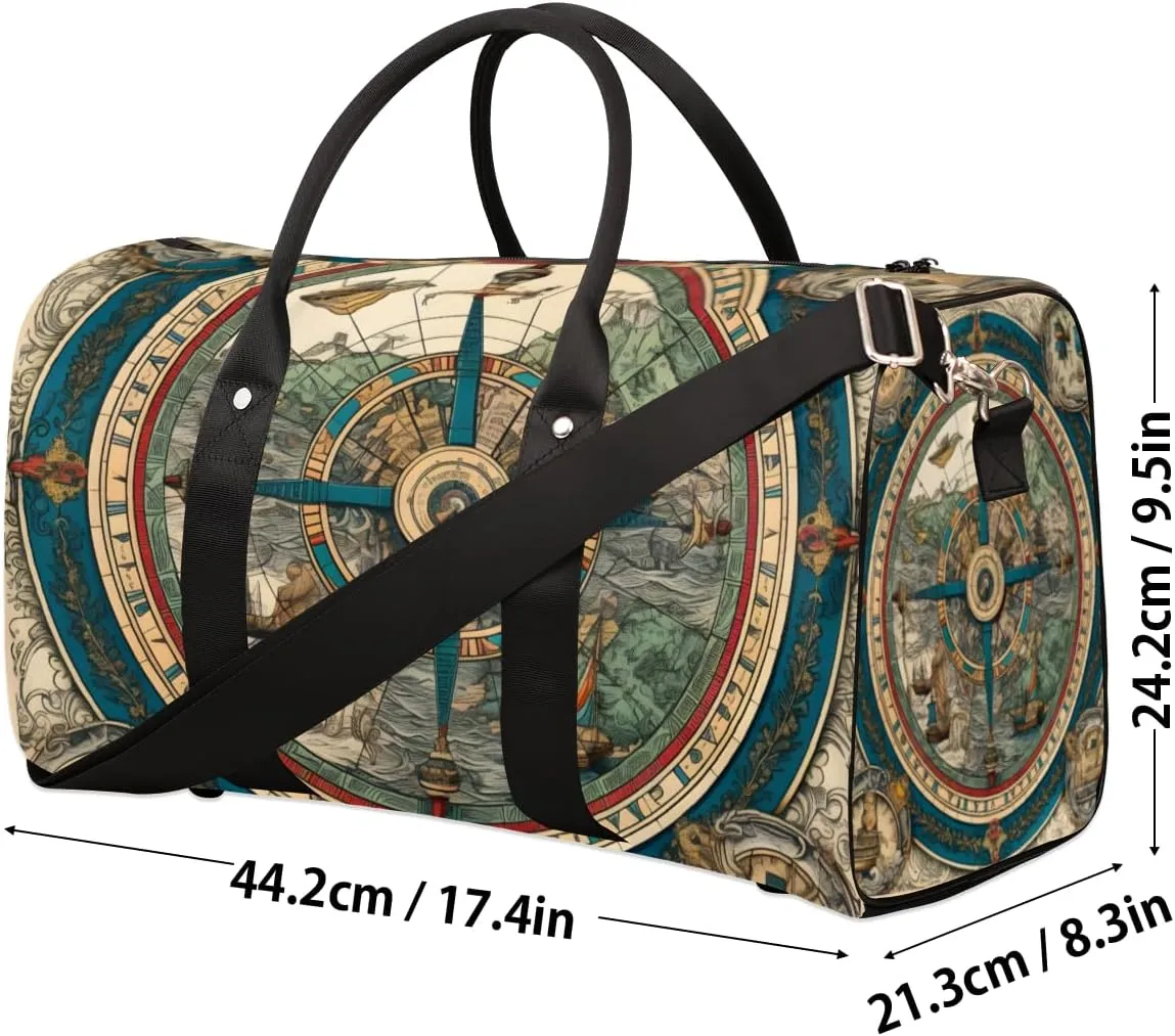 Retro Compass Travel Duffle Bag for Women Men Gym Duffel Foldable Bag Waterproof Weekender Direction Navigation Duffle Tote