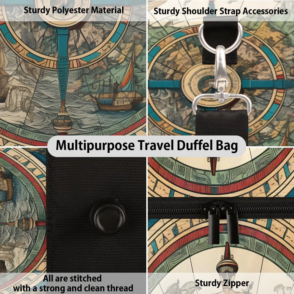 Retro Compass Travel Duffle Bag for Women Men Gym Duffel Foldable Bag Waterproof Weekender Direction Navigation Duffle Tote