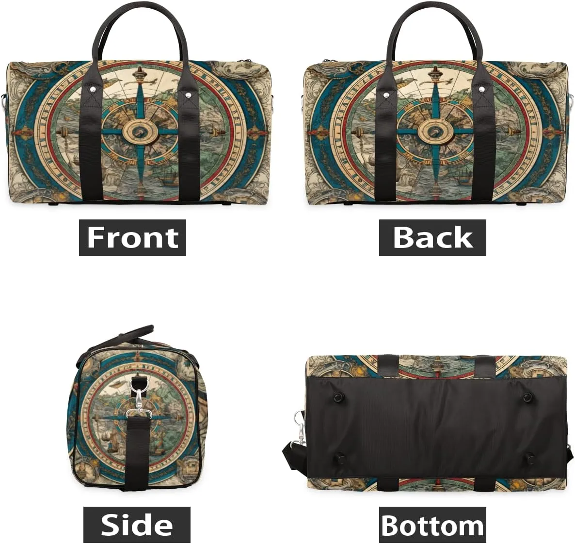 Retro Compass Travel Duffle Bag for Women Men Gym Duffel Foldable Bag Waterproof Weekender Direction Navigation Duffle Tote