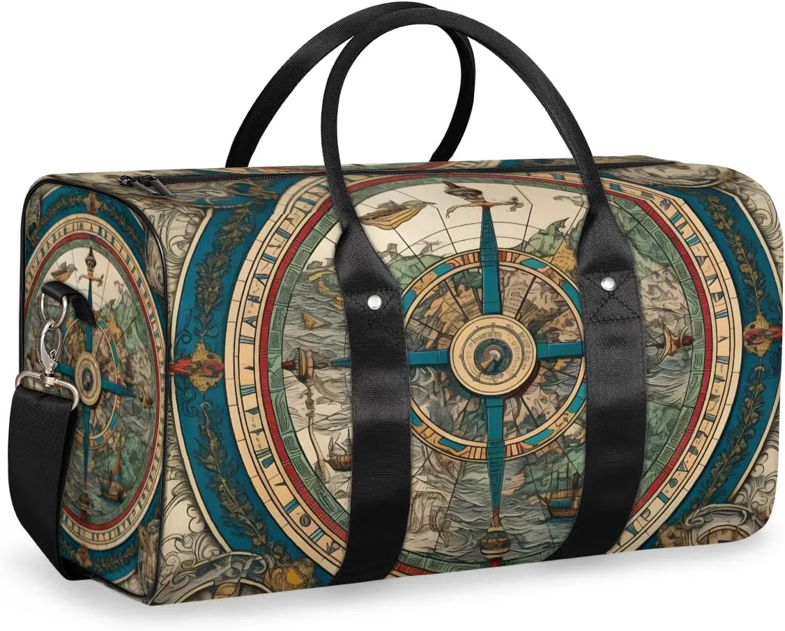 Retro Compass Travel Duffle Bag for Women Men Gym Duffel Foldable Bag Waterproof Weekender Direction Navigation Duffle Tote