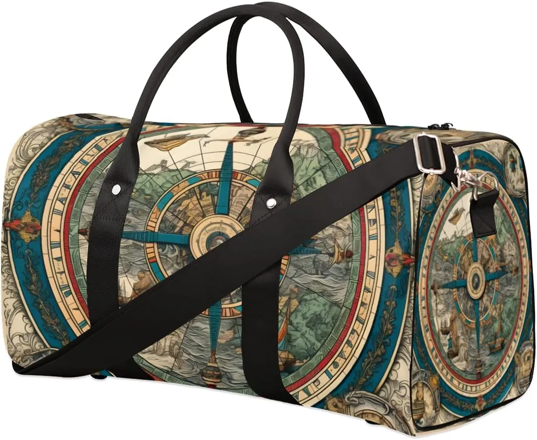 Retro Compass Travel Duffle Bag for Women Men Gym Duffel Foldable Bag Waterproof Weekender Direction Navigation Duffle Tote