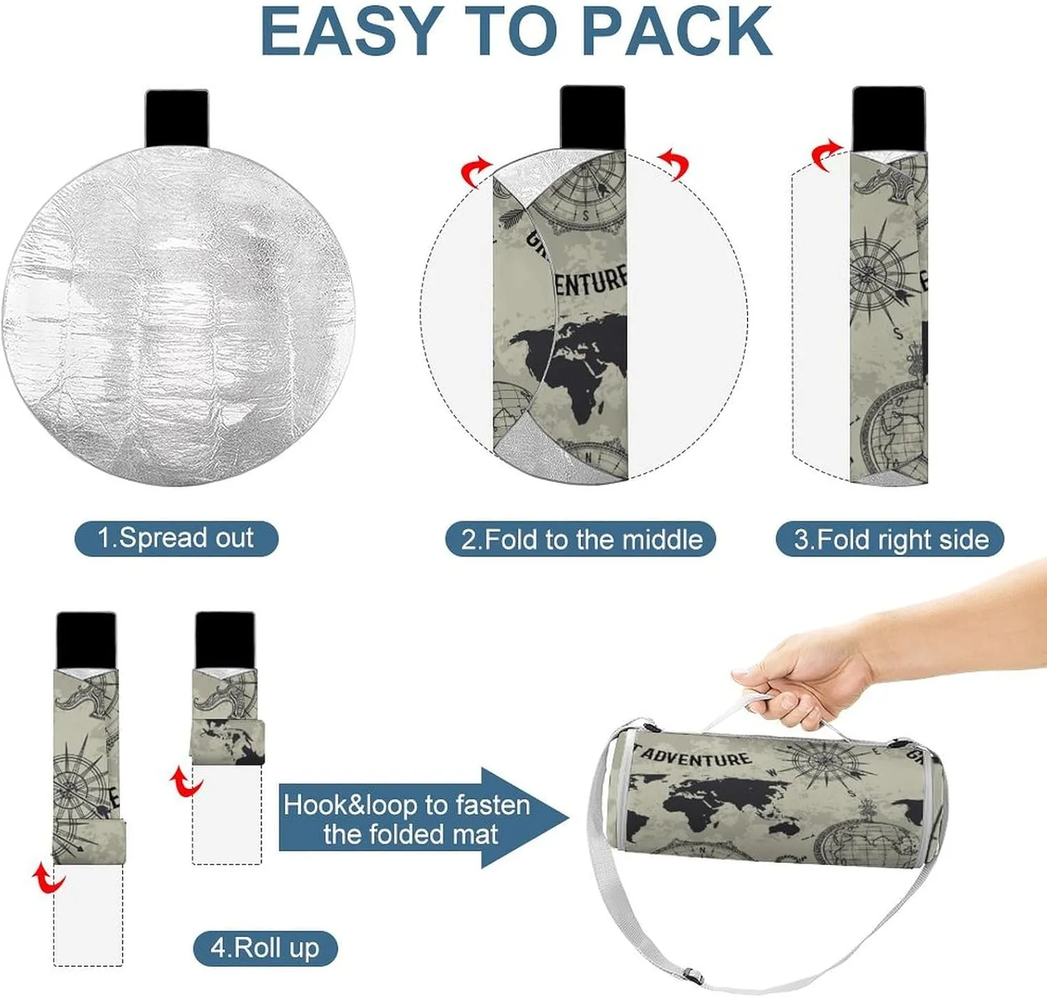 Retro World Map and Compass Round Picnic Blanket with Carry Strap Foldable Portable 3-Layer Waterproof Beach Blanket for Outdoor Camping Summer Beach Mat 60 Inchs Diameter