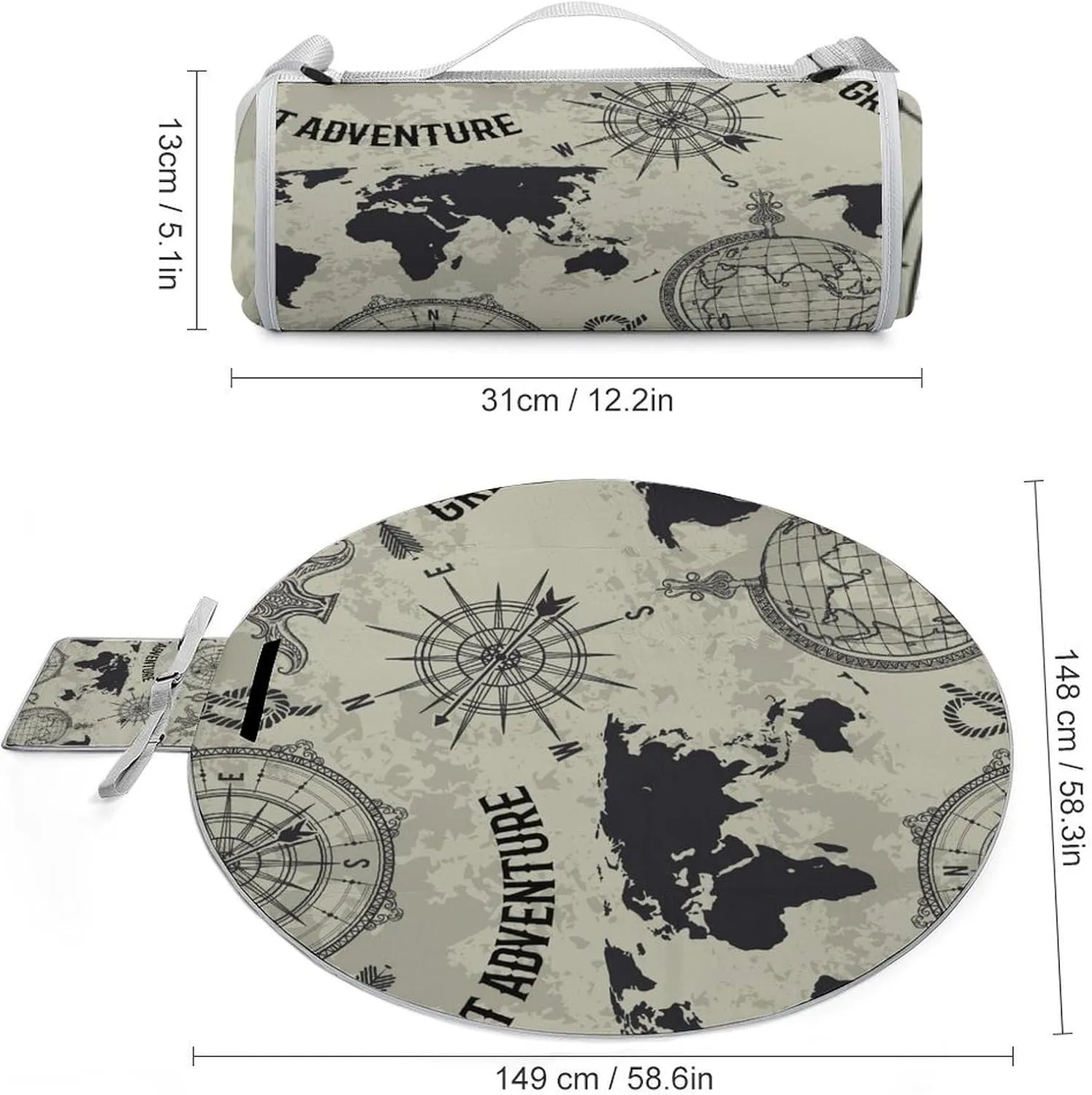 Retro World Map and Compass Round Picnic Blanket with Carry Strap Foldable Portable 3-Layer Waterproof Beach Blanket for Outdoor Camping Summer Beach Mat 60 Inchs Diameter