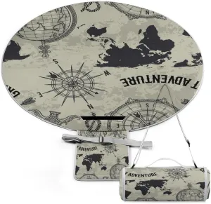 Retro World Map and Compass Round Picnic Blanket with Carry Strap Foldable Portable 3-Layer Waterproof Beach Blanket for Outdoor Camping Summer Beach Mat 60 Inchs Diameter