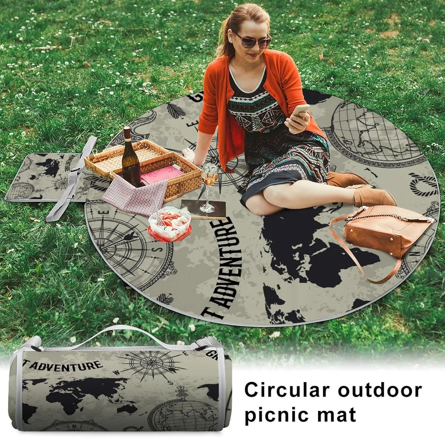 Retro World Map and Compass Round Picnic Blanket with Carry Strap Foldable Portable 3-Layer Waterproof Beach Blanket for Outdoor Camping Summer Beach Mat 60 Inchs Diameter