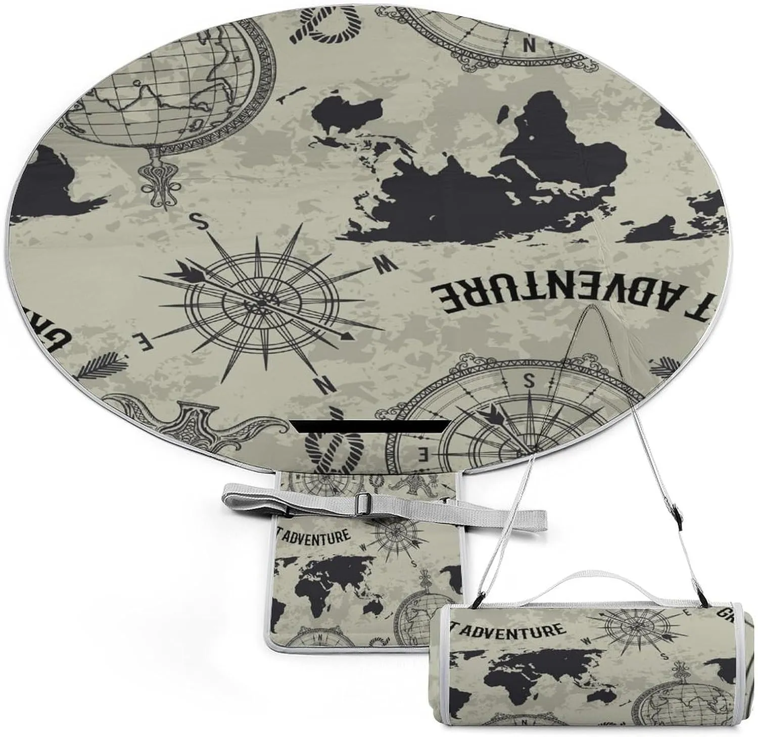 Retro World Map and Compass Round Picnic Blanket with Carry Strap Foldable Portable 3-Layer Waterproof Beach Blanket for Outdoor Camping Summer Beach Mat 60 Inchs Diameter