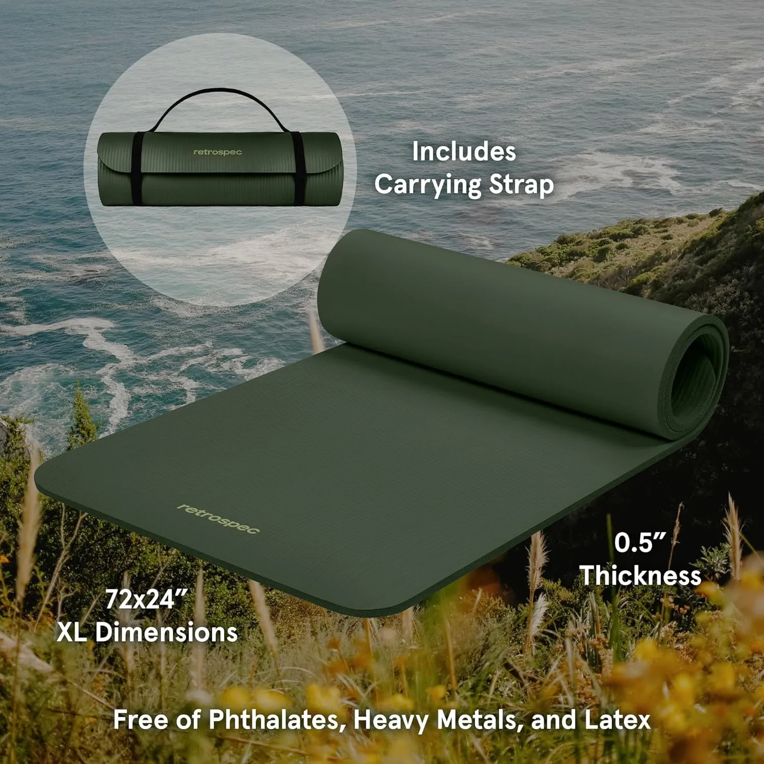 Retrospec Solana Yoga Mat 1/2" Thick w/Nylon Strap for Men & Women - Non Slip Exercise Mat for Yoga, Pilates, Stretching, Floor & Fitness Workouts