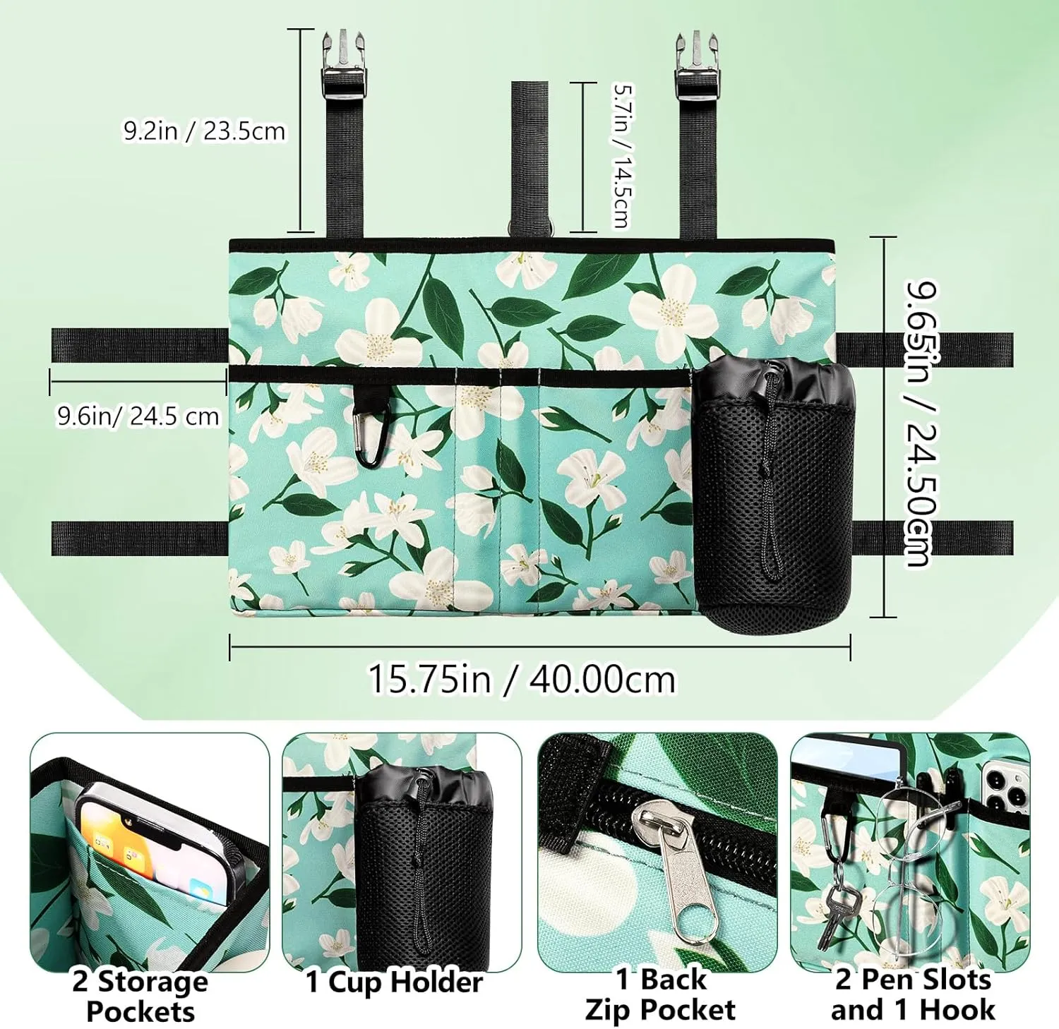 Rhino Valley Walker Bag, Multi Pockets Folding Walker Basket Tote Bag with Cup Holder, Hand-free Carry Pouch Storage Bag for Universal Walkers, Large Capacity Organizer for Seniors Elderly, Flower