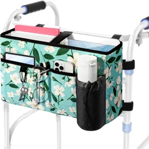 Rhino Valley Walker Bag, Multi Pockets Folding Walker Basket Tote Bag with Cup Holder, Hand-free Carry Pouch Storage Bag for Universal Walkers, Large Capacity Organizer for Seniors Elderly, Flower