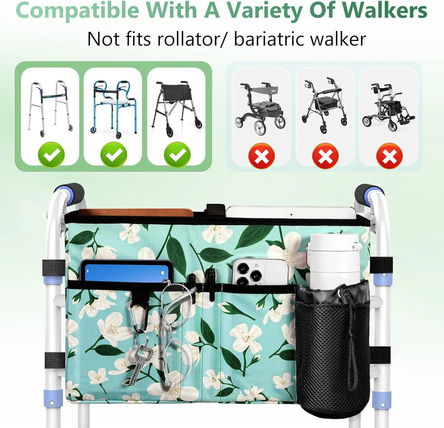 Rhino Valley Walker Bag, Multi Pockets Folding Walker Basket Tote Bag with Cup Holder, Hand-free Carry Pouch Storage Bag for Universal Walkers, Large Capacity Organizer for Seniors Elderly, Flower