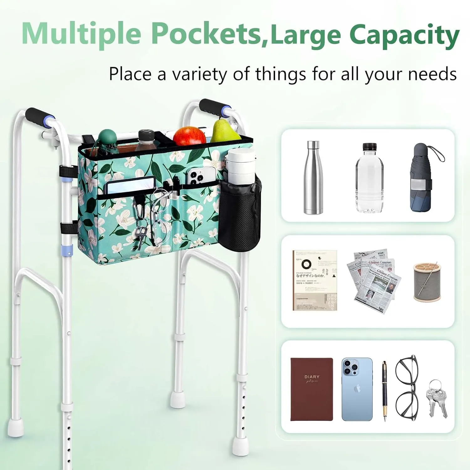 Rhino Valley Walker Bag, Multi Pockets Folding Walker Basket Tote Bag with Cup Holder, Hand-free Carry Pouch Storage Bag for Universal Walkers, Large Capacity Organizer for Seniors Elderly, Flower