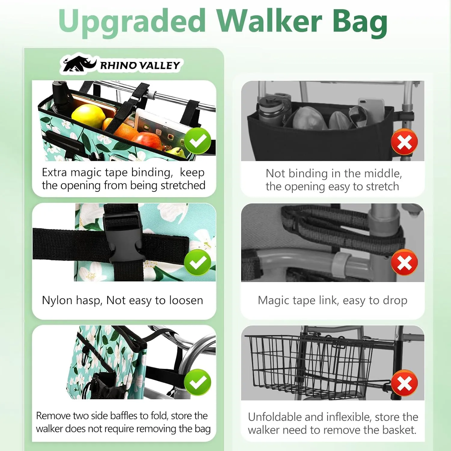 Rhino Valley Walker Bag, Multi Pockets Folding Walker Basket Tote Bag with Cup Holder, Hand-free Carry Pouch Storage Bag for Universal Walkers, Large Capacity Organizer for Seniors Elderly, Flower